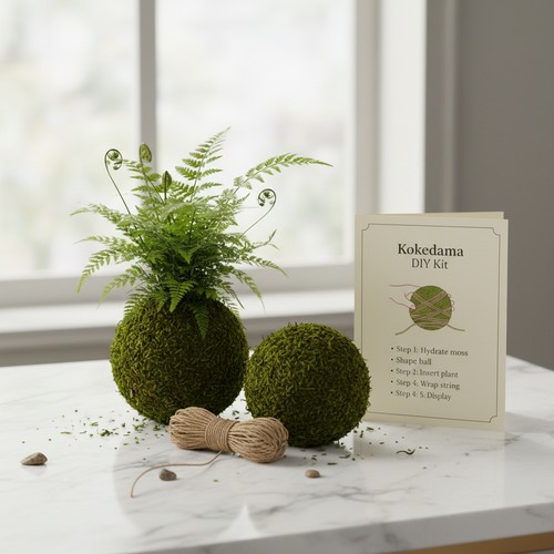 Kit Kokedama fai da te con felce, muschio e materiali inclusi